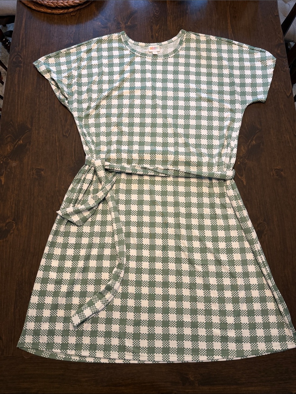 LuLaRoe Green and White Gingham Belted Mini Dress